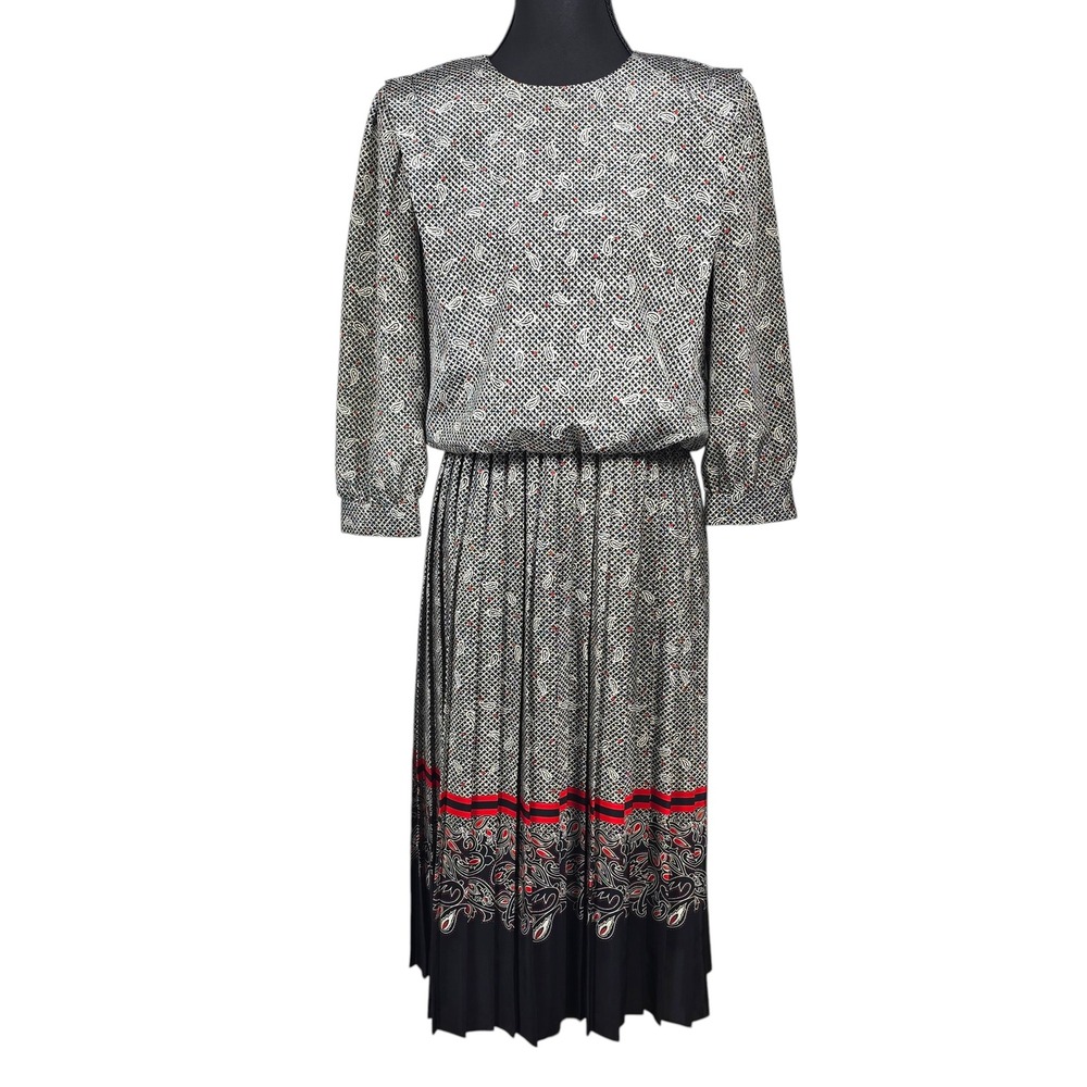 VLP Petites Vintage‎ 80s Paisley Pleated Midi Dress Black Red White Size 4 USA